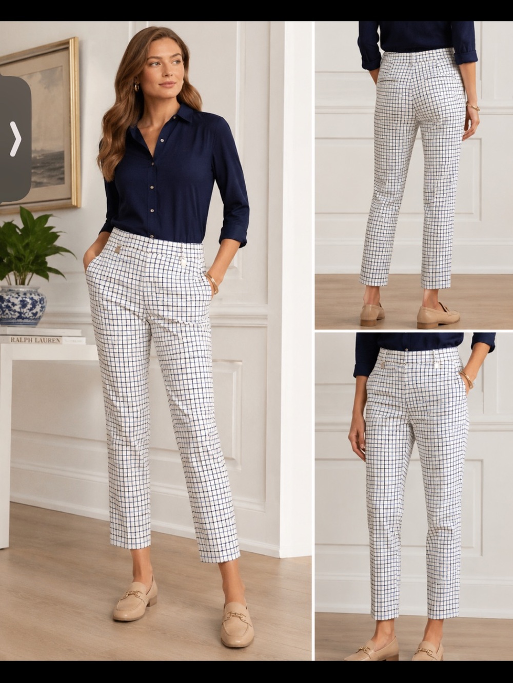 Lauren Ralph Lauren Size 12 Windowpane 
Plaid Pants Blue White Preppy